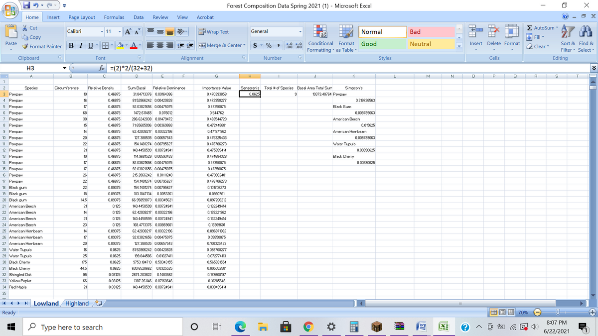 Forest Composition Data Spring 2021 (1) - Microsoft Excel
Home
Insert
Page Layout
Formulas
Data
Review
View
Acrobat
% Cut
E AutoSum -
Calibri
11
A A
'Wrap Text
General
Normal
Bad
Copy
I Fill -
Paste
BIU
E E Merge & Center
$ - %
Conditional Format
Good
Neutral
Insert Delete Format
O Clear
Sort & Find &
Format Painter
Formatting as Table
Filter Select ▼
Clipboard
Font
Alignment
Number
Styles
Cells
Editing
H3
fe =(2)*2/(32+32)
A
B
D
E
G
H.
J
K
L
M
P
R
1
2
Species
Circumference
Relative Density
Sum Basal
Relative Dominance
Importance Value
Sensoren's
Total # of Species Basal Area Total Sum
Simpson's
3
Pawpaw
10
0.46875
31.84713376 0.00164386
0.470393858
0.0625
9
19373.40764 Pawpaw
4 Pawpaw
16
0.46875
81.52866242 0.00420828
0.472958277
0.219726563
Pawpaw
17
0.46875
92.03821656 0.00475075
0.47350075
Black Gum
6 Pawpaw
68
0.46875
1472.611465
0.076012
0.544762
0.008789063
Pawpaw
30
0.46875
286.6242038 0.01479472
0.483544723
American Beech
8
Pawpaw
15
0.46875
71.65605096 0.00369868
0.472448681
0.015625
Pawpaw
14
0.46875
62.42038217 0.00322196
0.471971962
American Hornbeam
10 Pawpaw
20
0.46875
127.388535 0.00657543
0.475325433
0.008789063
11
Pawpaw
22
0.46875
154.1401274 0.00795627
0.476706273
Water
12 Pawpaw
21
0.46875
140.4458599 0.00724941
0.475999414
0.00390625
13 Pawpaw
19
0.46875
114.9681529 0.00593433
0.474684328
Black Cherry
14 Pawpaw
17
0.46875
92.03821656 0.00475075
0.47350075
000390625
15
Pawpaw
17
0.46875
92.03821656 0.00475075
0.47350075
16 Pawpaw
26
0.46875
215.2866242
0.01111248
0.479862481
17 Pawpaw
22
0.46875
154. 1401274 0.00795627
0.476706273
18
Black gum
22
0.09375
154. 1401274 0.00795627
0.101706273
19 Black gum
18
0.09375
103.1847134
0.0053261
0.0990761
20 Black gum
14.5
0.09375
66.95859873 0.00345621
0.097206212
21 American Beech
21
0.125
140.4458599 0.00724941
0.132249414
22
American Beech
14
0.125
62.42038217 0.00322196
0.128221962
23 American Beech
24 American Beech
21
0.125
140.4458599 0.00724941
0.132249414
23
0.125
168.4713376 0.00869601
0.13369601
25 American Hornbeam
26 American Hornbeam
27 American Hornbeam
28 Water Tupulo
14
0.09375
62.42038217 0.00322196
0.096971962
17
0.09375
92.03821656 0.00475075
0.09850075
20
0.09375
127.388535 0.00657543
0.100325433
16
0.0625
81.52866242 0.00420828
0.066708277
29 Water Tupulo
25
0.0625
199.044586 0.01027411
0.072774113
30 Black Cherry
175
0.0625
9753.184713 0.50343155
0.565931554
31 Black Cherry
44.5
0.0625
630.6528662 0.0325525
0.095052501
32 Shingled Oak
95
0.03125
2874.203822
0.1483582
0.179608197
33 Yellow Poplar
66
0.03125
1387.261146 0.07160646
0.10285646
34 Red Maple
21
0.03125
140.4458599 0.00724941
0.038499414
35
I Lowland Highland
Ready
画回四70%
8:07 PM
O Type here to search
4X C E )
6/22/2021
