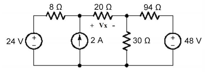 8 Ω
20 Q
94 Q
+ Vx -
+
24 V
2 A
30 Q
+
48 V
