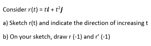 Consider r(t) = ti + t'j
a) Sketch r(t) and indicate the direction of increasing t
b) On your sketch, draw r (-1) and r' (-1)
