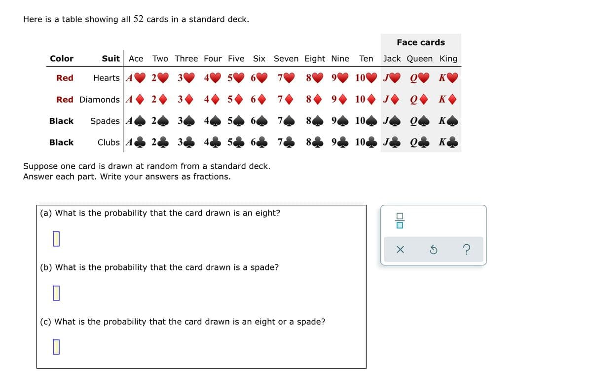 Here is a table showing all 52 cards in a standard deck.
Face cards
Color
Suit Ace Two Three Four Five Six Seven Eight Nine
Ten
Jack Queen King
Red
Hearts A
3
10
K
Red Diamonds A
3 4
7
8
10• JO Q«
K
Black
Spades |A
30
50
7
80
10. J
K
Black
Clubs A
2
3
7 8
10 Je
Suppose one card is drawn at random from a standard deck.
Answer each part. Write your answers as fractions.
(a) What is the probability that the card drawn is an eight?
(b) What is the probability that the card drawn is a spade?
(c) What is the probability that the card drawn is an eight or a spade?
