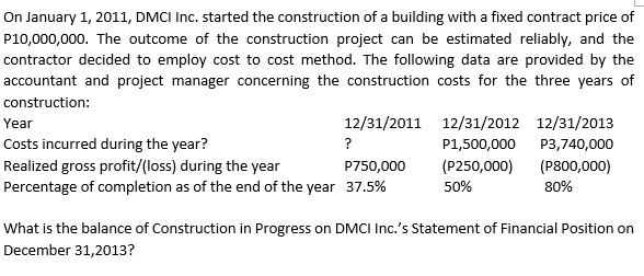 On January 1, 2011, DMCI Inc. started the construction of a building with a fixed contract price of
P10,000,000. The outcome of the construction project can be estimated reliably, and the
contractor decided to employ cost to cost method. The following data are provided by the
accountant and project manager concerning the construction costs for the three years of
construction:
Year
12/31/2011 12/31/2012 12/31/2013
Costs incurred during the year?
?
P1,500,000
P3,740,000
Realized gross profit/(loss) during the year
Percentage of completion as of the end of the year 37.5%
P750,000
(P250,000)
(P800,000)
50%
80%
What is the balance of Construction in Progress on DMCI Inc.'s Statement of Financial Position on
December 31,2013?
