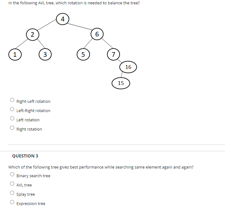 In the following AVL tree, which rotation is needed to balance the tree?
4
2
1
3
7
16
15
Right-Left rotation
O Left-Right rotation
O Left rotation
Right rotation
QUESTION 3
Which of the following tree gives best performance while searching same element again and again?
Binary search tree
AVL tree
Splay tree
Expression tree
