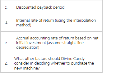 C.
Discounted payback period
d.
e.
2
Internal rate of return (using the interpolation
method)
Accrual accounting rate of return based on net
initial investment (assume straight-line
depreciation)
What other factors should Divine Candy
consider in deciding whether to purchase the
new machine?