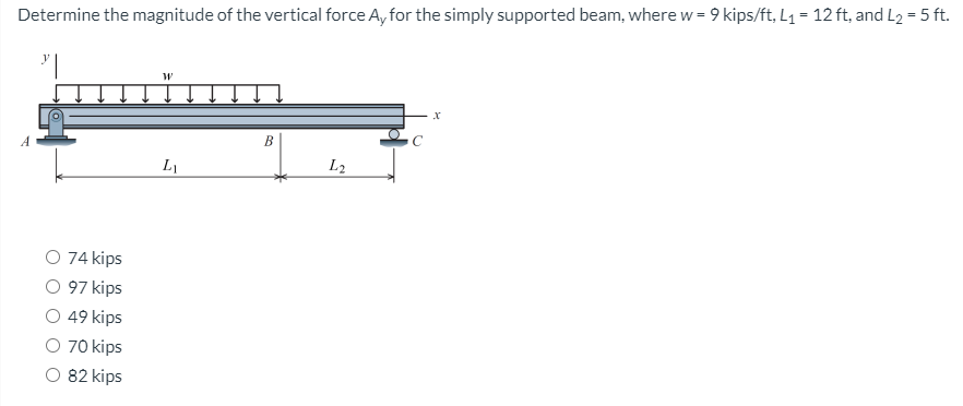 Determine the magnitude of the vertical force A, for the simply supported beam, where w = 9 kips/ft, L1 = 12 ft, and L2 = 5 ft.
B
L1
L2
74 kips
O 97 kips
49 kips
O 70 kips
82 kips
