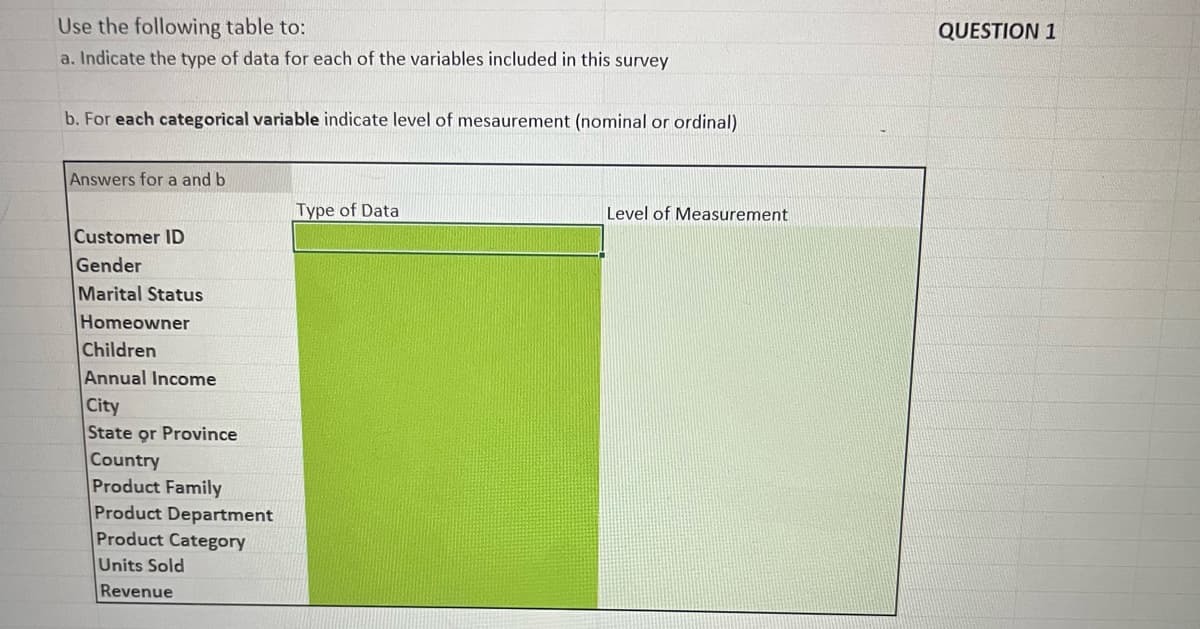 Use the following table to:
a. Indicate the type of data for each of the variables included in this survey
b. For each categorical variable indicate level of mesaurement (nominal or ordinal)
Answers for a and b
Customer ID
Gender
Marital Status
Homeowner
Children
Annual Income
City
State or Province
Country
Product Family
Product Department
Product Category
Units Sold
Revenue
Type of Data
Level of Measurement
QUESTION 1