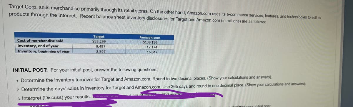 Target Corp. sells merchandise primarily through its retail stores. On the other hand, Amazon.com uses its e-commerce services, features, and technologies to sell its
products through the Internet. Recent balance sheet inventory disclosures for Target and Amazon.com (in millions) are as follows:
Target
$53,299
Amazon.com
Cost of merchandise sold
$139,156
Inventory, end of year
9,497
17,174
Inventory, beginning of year
8,597
16,047
INITIAL POST: For your initial post, answer the following questions:
1. Determine the inventory turnover for Target and Amazon.com. Round to two decimal places. (Show your calculations and answers).
2. Determine the days' sales in inventory for Target and Amazon.com. Use 365 days and round to one decimal place. (Show your calculations and answers).
100worde
---....-... erd counta
3. Interpret (Discuss) your results.
dvour initial nost
