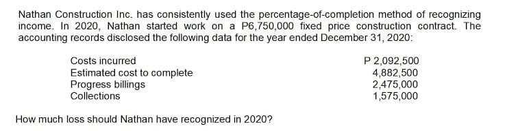 Nathan Construction Inc. has consistently used the percentage-of-completion method of recognizing
income. In 2020, Nathan started work on a P6,750,000 fixed price construction contract. The
accounting records disclosed the following data for the year ended December 31, 2020:
P 2,092,500
4,882,500
2,475,000
1,575,000
Costs incurred
Estimated cost to complete
Progress billings
Collections
How much loss should Nathan have recognized in 2020?
