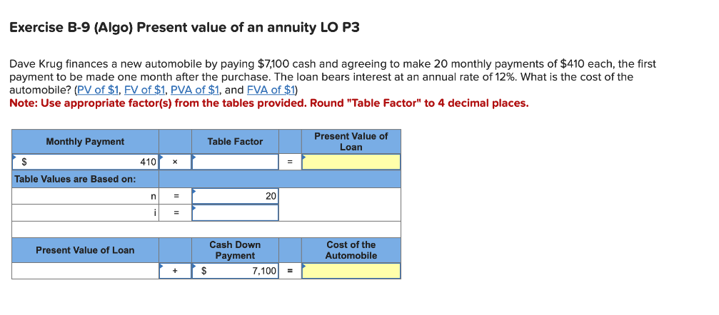 Exercise B-9 (Algo) Present value of an annuity LO P3
Dave Krug finances a new automobile by paying $7,100 cash and agreeing to make 20 monthly payments of $410 each, the first
payment to be made one month after the purchase. The loan bears interest at an annual rate of 12%. What is the cost of the
automobile? (PV of $1, FV of $1, PVA of $1, and FVA of $1)
Note: Use appropriate factor(s) from the tables provided. Round "Table Factor" to 4 decimal places.
Monthly Payment
$
Table Values are Based on:
Present Value of Loan
410 X
n
=
=
+
Table Factor
$
Cash Down
Payment
20
=
7,100 =
Present Value of
Loan
Cost of the
Automobile