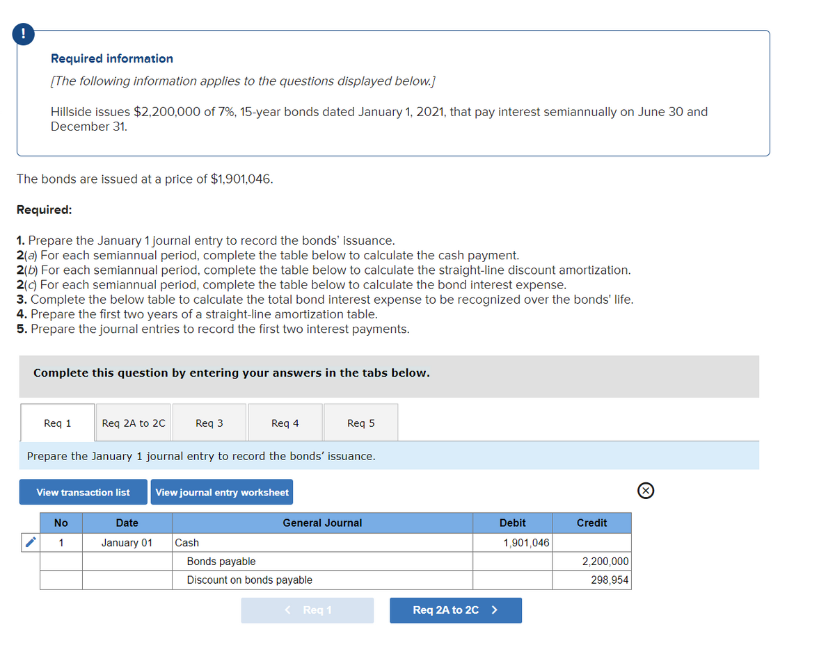 !
Required information
[The following information applies to the questions displayed below.]
Hillside issues $2,200,000 of 7%, 15-year bonds dated January 1, 2021, that pay interest semiannually on June 30 and
December 31.
The bonds are issued at a price of $1,901,046.
Required:
1. Prepare the January 1 journal entry to record the bonds' issuance.
2(a) For each semiannual period, complete the table below to calculate the cash payment.
2(b) For each semiannual period, complete the table below to calculate the straight-line discount amortization.
2(c) For each semiannual period, complete the table below to calculate the bond interest expense.
3. Complete the below table to calculate the total bond interest expense to be recognized over the bonds' life.
4. Prepare the first two years of a straight-line amortization table.
5. Prepare the journal entries to record the first two interest payments.
Complete this question by entering your answers in the tabs below.
Req 1
Req 2A to 2C
View transaction list
No
1
Req 3
Prepare the January 1 journal entry to record the bonds' issuance.
Date
January 01
Req 4
View journal entry worksheet
Cash
Req 5
General Journal
Bonds payable
Discount on bonds payable
< Req 1
Req 2A to 2C >
Debit
1,901,046
Credit
2,200,000
298,954