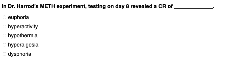 In Dr. Harrod's METH experiment, testing on day 8 revealed a CR of
Oeuphoria
Ohyperactivity
Ⓒhypothermia
Ohyperalgesia
Odysphoria