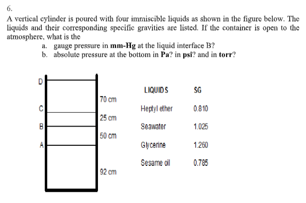 6.
A vertical cylinder is poured with four immiscible liquids as shown in the figure below. The
liquids and their corresponding specific gravities are listed. If the container is open to the
atmosphere, what is the
a. gauge pressure in mm-Hg at the liquid interface B?
b. absolute pressure at the bottom in Pa? in psi? and in torr?
LIQUIDS
SG
70 cm
C
Heptyl ether
0.810
25 cm
B
Seawater
1.025
50 cm
Glycerine
1.260
Sesame oil
0.785
92 cm
