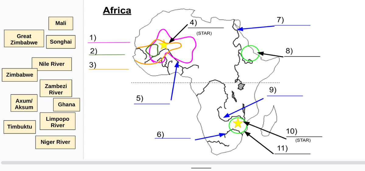 Mali
Great
Zimbabwe
Songhai
Nile River
3)
Zimbabwe
2)
723
1)
Axum/
Zambezi
River
Aksum
Africa
5)
Ghana
Limpopo
Timbuktu
River
Niger River
7)
4)
(STAR)
9)
8)
10)
6)
(STAR)
11)