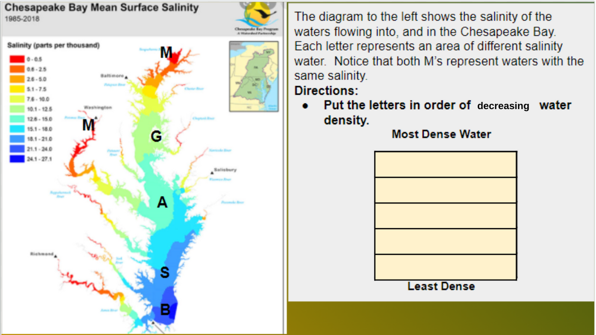 Chesapeake Bay Mean Surface Salinity
1985-2018
Salinity (parts per thousand)
0.0.5
06-25
M
26-5.0
5.1-7.5
7.6-10.0
10.1-12.5
12.6-15.0
15.1-18.0
M
18.1-21.0
G
21.1-24.0
24.1-27.1
Richmond
A
B
Salisbury
Chesapeake Bay Program
The diagram to the left shows the salinity of the
waters flowing into, and in the Chesapeake Bay.
Each letter represents an area of different salinity
water. Notice that both M's represent waters with the
same salinity.
Directions:
Put the letters in order of decreasing water
density.
Most Dense Water
Least Dense