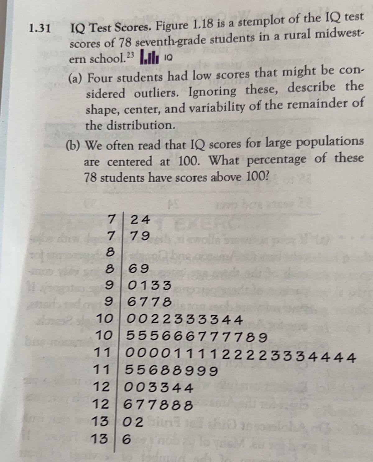 1.31 IQ Test Scores. Figure 1.18 is a stemplot of the IQ test
scores of 78 seventh-grade students in a rural midwest-
ern school. 23 Q
b
(a) Four students had low scores that might be con-
sidered outliers. Ignoring these, describe the
shape, center, and variability of the remainder of
the distribution.
(b) We often read that IQ scores for large populations
are centered at 100. What percentage of these
78 students have scores above 100?
AD
7 24
7
79
8
8
69
9 0133
96778
swolle
3400
10 0022333344
10 555666777789
11 0000111122223334444
11 55688999
12 003344
12 677888
13 02 in In
13 6