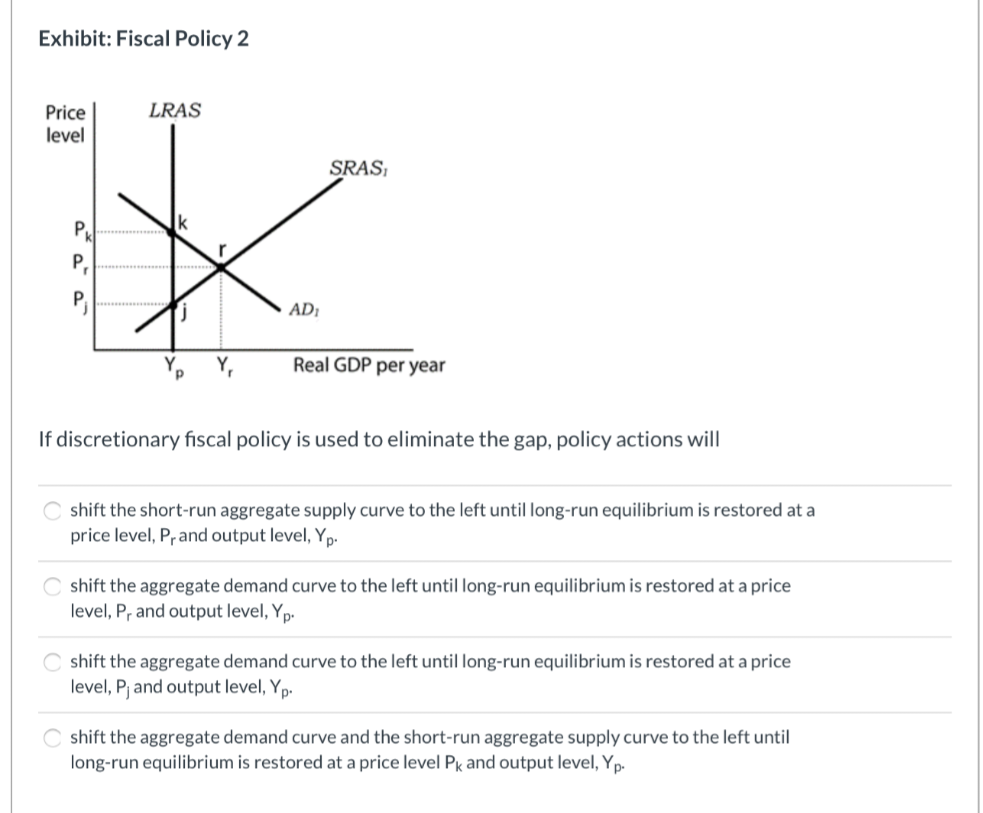 Exhibit: Fiscal Policy 2
Price
level
рк
O
P
Fr
P
LRAS
AD₁
SRASI
Real GDP per year
If discretionary fiscal policy is used to eliminate the gap, policy actions will
shift the short-run aggregate supply curve to the left until long-run equilibrium is restored at a
price level, P, and output level, Yp.
shift the aggregate demand curve to the left until long-run equilibrium is restored at a price
level, P, and output level, Yp.
shift the aggregate demand curve to the left until long-run equilibrium is restored at a price
level, P, and output level, Yp.
shift the aggregate demand curve and the short-run aggregate supply curve to the left until
long-run equilibrium is restored at a price level Pk and output level, Yp.