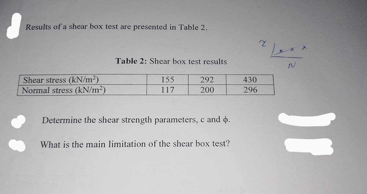 Results of a shear box test are presented in Table 2.
Shear stress (kN/m²)
Normal stress (kN/m²)
Table 2: Shear box test results
155
117
292
200
Determine the shear strength parameters, c and þ.
What is the main limitation of the shear box test?
430
296
ч
Lex
N
x