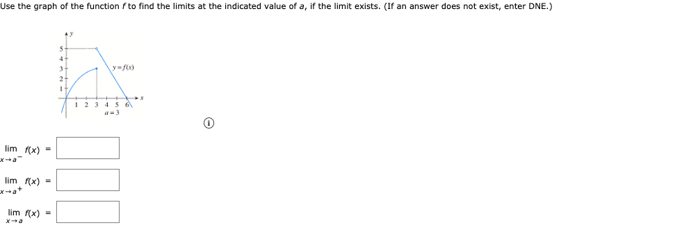 ### Analyzing Limits from a Graph

#### Objective:
Use the graph of the function \( f \) to find the limits at the indicated value of \( a \), if the limit exists. (If an answer does not exist, enter DNE.)

#### Graph Description:

The given graph depicts a function \( y = f(x) \) with respect to the \( x \)-axis and \( y \)-axis. The point of interest, where \( a = 3 \), is explicitly marked on the \( x \)-axis. The curve of \( f(x) \) illustrates the following behavior around \( x = 3 \):

- As \( x \) approaches 3 from the left (\( x \to 3^{-} \)), the function \( y \) values are trending towards 4.
- As \( x \) approaches 3 from the right (\( x \to 3^{+} \)), the function \( y \) values are trending towards 2.
- The function \( f(x) \) has an obvious discontinuity at \( x = 3 \), suggesting a potential jump discontinuity.

#### Limit Analysis:

Using the graph, we can assess the following limits:

1. \[\lim_{x \to 3^{-}} f(x)\]:

   - As \( x \to 3^{-} \) (from the left), the value of \( f(x) \) tends to 4.
   - Therefore, \(\lim_{x \to 3^{-}} f(x) = 4\).

2. \[\lim_{x \to 3^{+}} f(x)\]:

   - As \( x \to 3^{+} \) (from the right), the value of \( f(x) \) tends to 2.
   - Therefore, \(\lim_{x \to 3^{+}} f(x) = 2\).

3. \[\lim_{x \to 3} f(x)\]:

   - Since the left-hand limit (\(\lim_{x \to 3^{-}}\)) and right-hand limit (\(\lim_{x \to 3^{+}}\)) do not equal each other (4 \(\neq\) 2), the general limit \(\lim_{x \to 3} f(x)\) does not exist.
   - Therefore, \(\lim_{x \to 3} f(x)