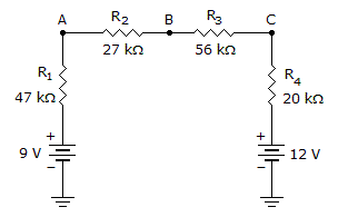 A
R2
R3
27 kn
56 kn
R1
R4
47 kn
20 kn
9 V
12 V
B.
