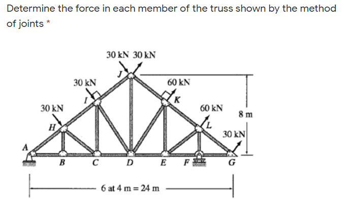 Determine the force in each member of the truss shown by the method
of joints *
30 kN 30 kN
30 kN
60 kN
30 kN
60 kN
8 m
H
30 kN
в с
D
E F
G
6 at 4 m = 24 m
