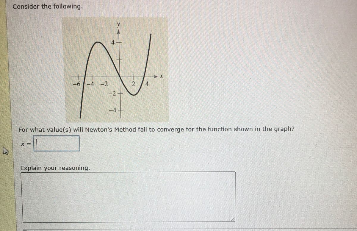 Consider the following.
y
4
-6-4 -2
4
-2+
-4
For what value(s) will Newton's Method fail to converge for the function shown in the graph?
X3D
Explain your reasoning.
