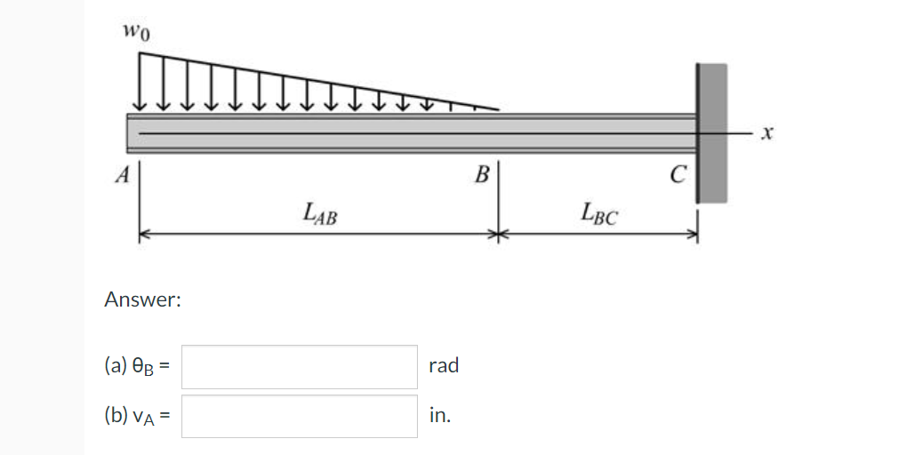 WO
A
Answer:
(a) 0B =
(b) VA =
LAB
rad
in.
B
LBC
X