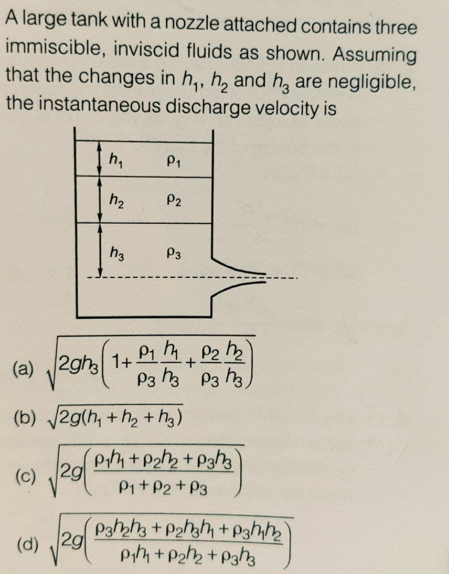 A large tank with a nozzle attached contains three
immiscible, inviscid fluids as shown. Assuming
that the changes in h₁, h₂ and h, are negligible,
the instantaneous discharge velocity is
(a)
(b)
(c)
h₁
2g
h₂
2gh 1+
(d) 2g
h3
P₁
P2
P3
√2g(h+h₂ +h3)
P₁/₁, P₂M₂
P3 h3 P3 h3
+
Ph+p₂h₂ + P3h3
P1+P2 + P3
P3h₂h3 + P2h3h + P3/₁/₂
P₁h + P₂h₂ + P3h3