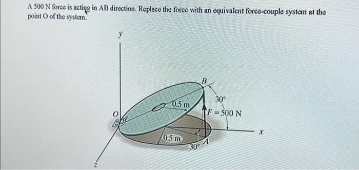 A 500 N force is acting in AB direction. Replace the force with an equivalent force-couple system at the
point o of the system.
y
0.5 m
0.5 m
30°
30°
TF = 500 N
A