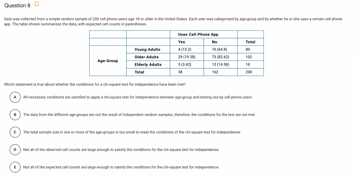 Question 8 a
Data was collected from a simple random sample of 200 cell phone users age 18 or older in the United States. Each user was categorized by age-group and by whether he or she uses a certain cell phone
app. The table shown summarizes the data, with expected cell counts in parentheses.
Uses Cell Phone App
Yes
No
Total
Young Adults
4 (15.2)
76 (64.8)
80
Older Adults
29 (19.38)
73 (82.62)
102
Age-Group
Elderly Adults
5 (3.42)
13 (14.58)
18
Total
38
162
200
Which statement is true about whether the conditions for a chi-square test for independence have been met?
A
All necessary conditions are satisfied to apply a chi-square test for independence between age-group and texting use by cell phone users.
В
The data from the different age-groups are not the result of independent random samples; therefore, the conditions for the test are not met.
The total sample size in one or more of the age-groups is too small to meet the conditions of the chi-square test for independence.
Not all of the observed cell counts are large enough to satisfy the conditions for the chi-square test for independence.
E
Not all of the expected cell counts are large enough to satisfy the conditions for the chi-square test for independence.
