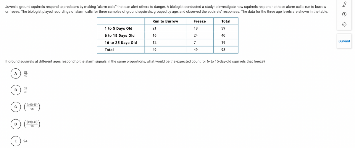 Juvenile ground squirrels respond to predators by making "alarm calls" that can alert others to danger. A biologist conducted a study to investigate how squirrels respond to these alarm calls: run to burrow
or freeze. The biologist played recordings of alarm calls for three samples of ground squirrels, grouped by age, and observed the squirrels' responses. The data for the three age levels are shown in the table.
Run to Burrow
Freeze
Total
1 to 5 Days Old
21
18
39
6 to 15 Days Old
16
24
40
Submit
16 to 25 Days Old
12
7
19
Total
49
49
98
If ground squirrels at different ages respond to the alarm signals in the same proportions, what would be the expected count for 6- to 15-day-old squirrels that freeze?
24
А
40
24
В
49
(40)(49)
98
(19)(49)
98
E
24
