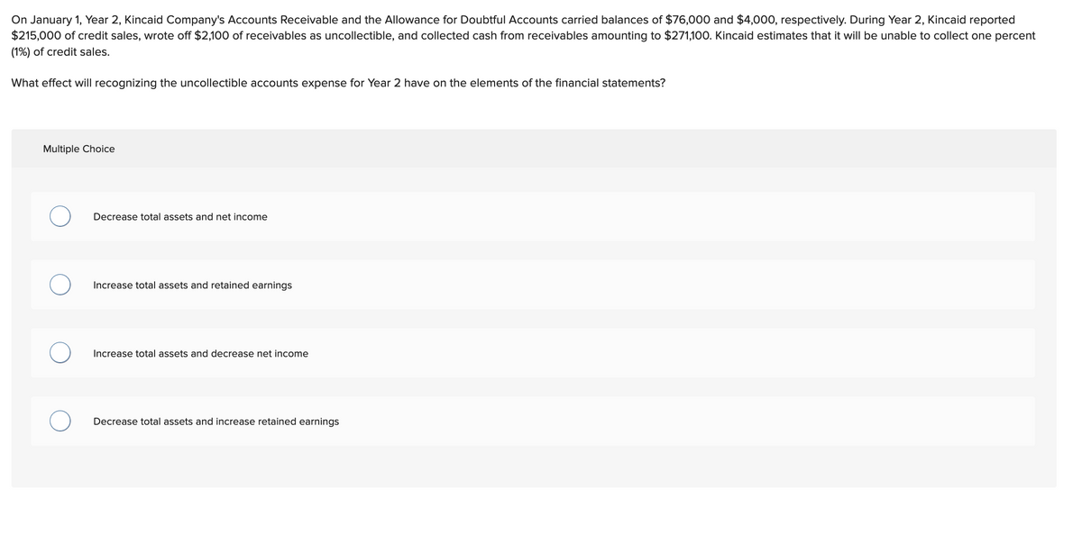 On January 1, Year 2, Kincaid Company's Accounts Receivable and the Allowance for Doubtful Accounts carried balances of $76,000 and $4,000, respectively. During Year 2, Kincaid reported
$215,000 of credit sales, wrote off $2,100 of receivables as uncollectible, and collected cash from receivables amounting to $271,100. Kincaid estimates that it will be unable to collect one percent
(1%) of credit sales.
What effect will recognizing the uncollectible accounts expense for Year 2 have on the elements of the financial statements?
Multiple Choice
Decrease total assets and net income
Increase total assets and retained earnings
Increase total assets and decrease net income
Decrease total assets and increase retained earnings