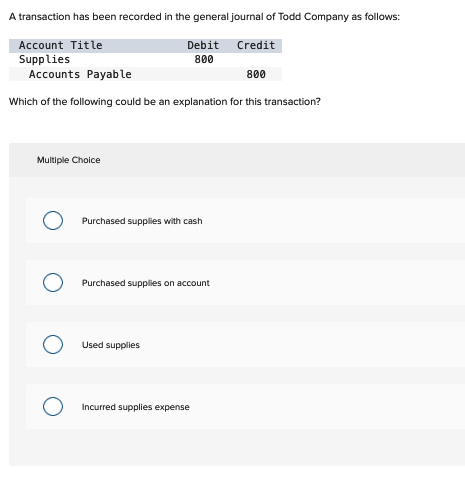 A transaction has been recorded in the general journal of Todd Company as follows:
Account Title
Supplies
Accounts Payable
800
Which of the following could be an explanation for this transaction?
Multiple Choice
Debit
800
Purchased supplies with cash
Purchased supplies on account
Used supplies
Incurred supplies expense
Credit