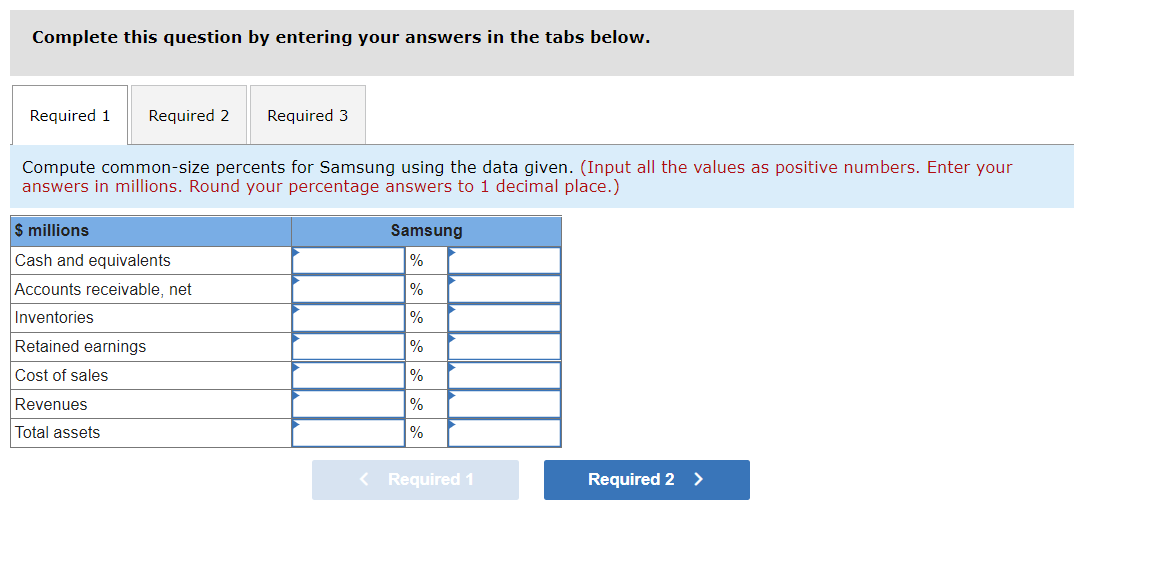 Complete this question by entering your answers in the tabs below.
Required 1 Required 2 Required 3
Compute common-size percents for Samsung using the data given. (Input all the values as positive numbers. Enter your
answers in millions. Round your percentage answers to 1 decimal place.)
$ millions
Samsung
Cash and equivalents
%
Accounts receivable, net
%
Inventories
%
Retained earnings
%
Cost of sales
%
Revenues
%
Total assets
%
< Required 1
Required 2 >