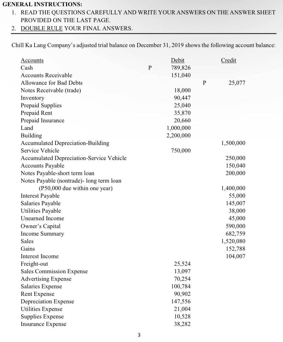 GENERAL INSTRUCTIONS:
1. READ THE QUESTIONS CAREFULLY AND WRITE YOUR ANSWERS ON THE ANSWER SHEET
PROVIDED ON THE LAST PAGE.
2. DOUBLE RULE YOUR FINAL ANSWERS.
Chill Ka Lang Company's adjusted trial balance on December 31, 2019 shows the following account balance:
Accounts
Cash
Accounts Receivable
Allowance for Bad Debts
Notes Receivable (trade)
Inventory
Prepaid Supplies
Prepaid Rent
Prepaid Insurance
Land
Building
Accumulated Depreciation-Building
Service Vehicle
Accumulated Depreciation-Service Vehicle
Accounts Payable
Notes Payable-short term loan
Notes Payable (nontrade)- long term loan
(P50,000 due within one year)
Interest Payable
Salaries Payable
Utilities Payable
Unearned Income
Owner's Capital
Income Summary
Sales
Gains
Interest Income
Freight-out
Sales Commission Expense
Advertising Expense
Salaries Expense
Rent Expense
Depreciation Expense
Utilities Expense
Supplies Expense
Insurance Expense
3
P
Debit
789,826
151,040
18,000
90,447
25,040
35,870
20,660
1,000,000
2,200,000
750,000
25,524
13,097
70,254
100,784
90,902
147,556
21,004
10,528
38,282
P
Credit
25,077
1,500,000
250,000
150,040
200,000
1,400,000
55,000
145,007
38,000
45,000
590,000
682,759
1,520,080
152,788
104,007