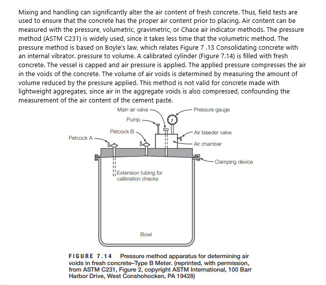 Mixing and handling can significantly alter the air content of fresh concrete. Thus, field tests are
used to ensure that the concrete has the proper air content prior to placing. Air content can be
measured with the pressure, volumetric, gravimetric, or Chace air indicator methods. The pressure
method (ASTM C231) is widely used, since it takes less time that the volumetric method. The
pressure method is based on Boyle's law, which relates Figure 7.13 Consolidating concrete with
an internal vibrator. pressure to volume. A calibrated cylinder (Figure 7.14) is filled with fresh
concrete. The vessel is capped and air pressure is applied. The applied pressure compresses the air
in the voids of the concrete. The volume of air voids is determined by measuring the amount of
volume reduced by the pressure applied. This method is not valid for concrete made with
lightweight aggregates, since air in the aggregate voids is also compressed, confounding the
measurement of the air content of the cement paste.
Main air valve
Pressure gauge
Pump
Petcock B
Air bleeder valve
Petcock A
- Air chamber
- Clamping device
"Extension tubing for
calibration checks
Bowl
FIGURE 7.14 Pressure method apparatus for determining air
voids in fresh concrete-Type B Meter. (reprinted, with permission,
from ASTM C231, Figure 2, copyright ASTM Intermational, 100 Barr
Harbor Drive, West Conshohocken, PA 19428)
