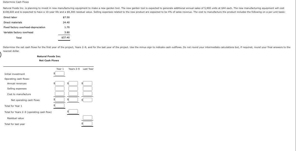 Determine Cash Flows
Natural Foods Inc. is planning to invest in new manufacturing equipment to make a new garden tool. The new garden tool is expected to generate additional annual sales of 5,900 units at $44 each. The new manufacturing equipment will cost
$108,600 and is expected to have a 10-year life and a $8,300 residual value. Selling expenses related to the new product are expected to be 4% of sales revenue. The cost to manufacture the product includes the following on a per-unit basis:
Direct labor
$7.50
Direct materials
24.40
Fixed factory overhead-depreciation
1.70
Variable factory overhead
3.80
Total
$37.40
Determine the net cash flows for the first year of the project, Years 2-9, and for the last year of the project. Use the minus sign to indicate cash outflows. Do not round your intermediate calculations but, if required, round your final answers to the
nearest dollar.
Natural Foods Inc.
Net Cash Flows
Year 1
Years 2-9 Last Year
Initial investment
Operating cash flows:
Annual revenues
Selling expenses
Cost to manufacture
Net operating cash flows
Total for Year 1
Total for Years 2-9 (operating cash flow)
Residual value
Total for last year
