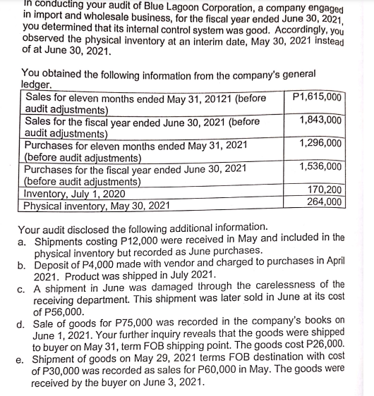 In conducting your audit of Blue Lagoon Corporation, a company engaged
in import and wholesale business, for the fiscal year ended June 30, 2021,
you determined that its internal control system was good. Accordingly, you
observed the physical inventory at an interim date, May 30, 2021 instead
of at June 30, 2021.
You obtained the following information from the company's general
ledger.
Sales for eleven months ended May 31, 20121 (before
audit adjustments)
Sales for the fiscal year ended June 30, 2021 (before
audit adjustments)
Purchases for eleven months ended May 31, 2021
(before audit adjustments)
Purchases for the fiscal year ended June 30, 2021
(before audit adjustments)
Inventory, July 1, 2020
Physical inventory, May 30, 2021
P1,615,000
1,843,000
1,296,000
1,536,000
170,200
264,000
Your audit disclosed the following additional information.
a. Shipments costing P12,000 were received in May and included in the
physical inventory but recorded as June purchases.
b. Deposit of P4,000 made with vendor and charged to purchases in April
2021. Product was shipped in July 2021.
c. A shipment in June was damaged through the carelessness of the
receiving department. This shipment was later sold in June at its cost
of P56,000.
d. Sale of goods for P75,000 was recorded in the company's books on
June 1, 2021. Your further inquiry reveals that the goods were shipped
to buyer on May 31, term FOB shipping point. The goods cost P26,000.
e. Shipment of goods on May 29, 2021 terms FOB destination with cost
of P30,000 was recorded as sales for P60,000 in May. The goods were
received by the buyer on June 3, 2021.
