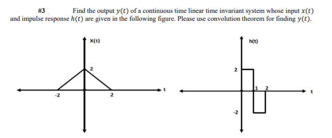 Find the output y(t) of a continuous time linear time invariant system whose input x(t)
and impulse response h(t) are given in the following figure. Please use convolution theorem for finding y(t).
#3
x(t)
h(t)
2
