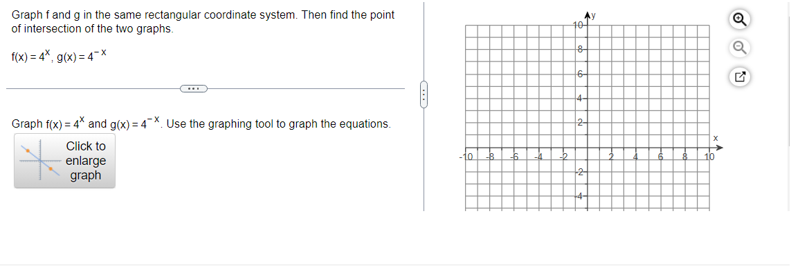 Graph f and g in the same rectangular coordinate system. Then find the point
of intersection of the two graphs.
f(x) = 4x, g(x) = 4¯X
Graph f(x) = 4* and g(x)=4x. Use the graphing tool to graph the equations.
Click to
enlarge
graph
-10
-6
Ay
10-
8
10
Q