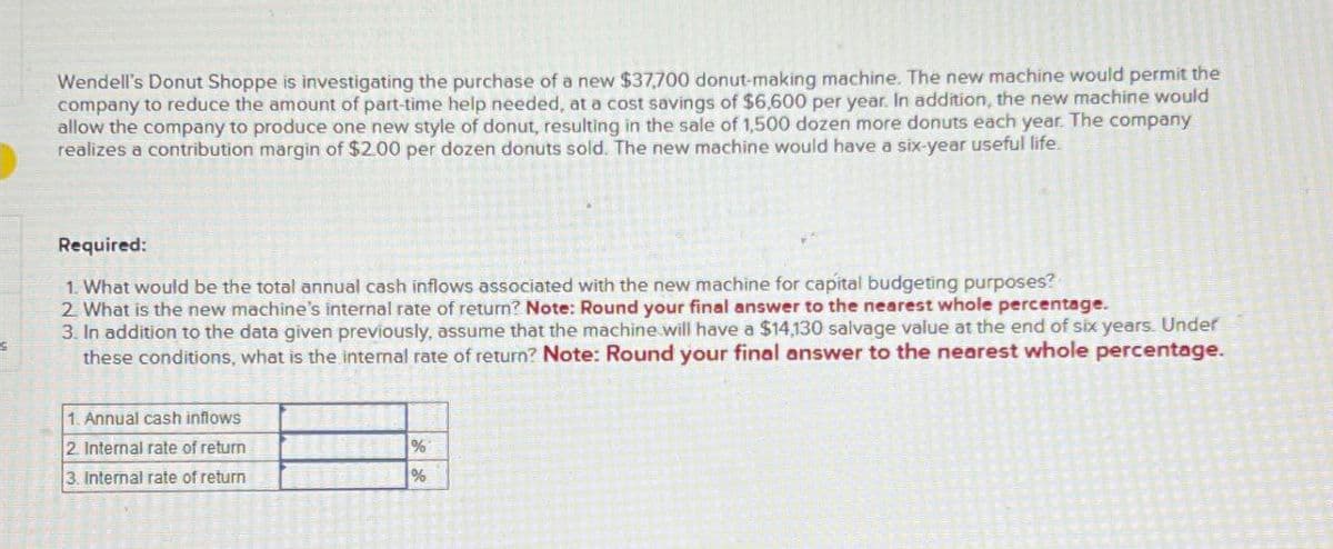 Wendell's Donut Shoppe is investigating the purchase of a new $37,700 donut-making machine. The new machine would permit the
company to reduce the amount of part-time help needed, at a cost savings of $6,600 per year. In addition, the new machine would
allow the company to produce one new style of donut, resulting in the sale of 1,500 dozen more donuts each year. The company
realizes a contribution margin of $2.00 per dozen donuts sold. The new machine would have a six-year useful life.
Required:
1. What would be the total annual cash inflows associated with the new machine for capital budgeting purposes?
2. What is the new machine's internal rate of return? Note: Round your final answer to the nearest whole percentage.
3. In addition to the data given previously, assume that the machine will have a $14,130 salvage value at the end of six years. Under
these conditions, what is the internal rate of return? Note: Round your final answer to the nearest whole percentage.
1. Annual cash inflows
2. Internal rate of return
%
3. Internal rate of return
%