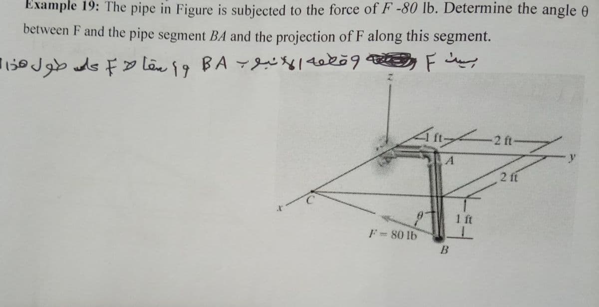 Example 19: The pipe in Figure is subjected to the force of F-80 lb. Determine the angle 0
between F and the pipe segment BA and the projection of F along this segment.
F
2 ft
F= 80 lb
B
