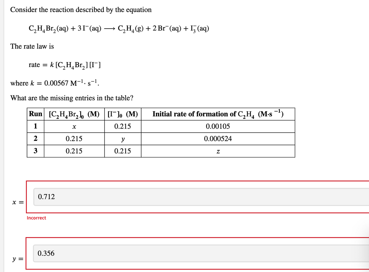 Consider the reaction described by the equation
С,Н, Вг, (аq) + 3Г (аq)
С,Н, (9) + 2 Br (aq) + I; (aq)
The rate law is
rate = k [C,H,Br,][I¯]
-2
where k =
0.00567 M-1.s-1.
What are the missing entries in the table?
Run| [C, H, Br, h (M) | (М)
Initial rate of formation of C,H, (M-s )
1
0.215
0.00105
2
0.215
y
0.000524
3
0.215
0.215
0.712
X =
Incorrect
0.356
y =
