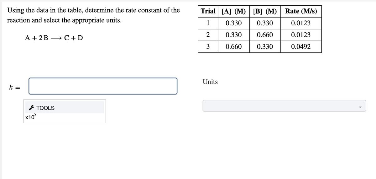 Using the data in the table, determine the rate constant of the
Trial [A] (M) | [B] (M) | Rate (M/s)
reaction and select the appropriate units.
1
0.330
0.330
0.0123
2
0.330
0.660
0.0123
A + 2B
C + D
>
3
0.660
0.330
0.0492
Units
k =
SТOOLS
x10
