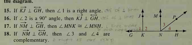 the diagram.
15. If KÍ 1 GH, then Z1 is a right angle. of lines
16. If 22 is a 90° angle, then KJ 1 GH.
17. If NM 1 GH, then ZMNK = LMNH. Lres ate
M
lres J.
3.
18. If NM 1 GH, then 23 and 24 are
G K
N
H.
complementary. o riett 25 t arp
