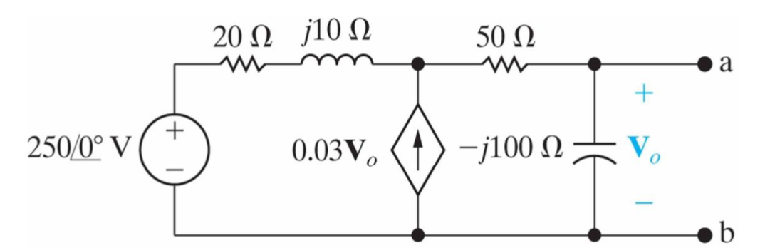 250/0° V
+
20 Ω j10 Ω
www
0.03V.
50 Ω
www
-j100 Ω
+
V.
a
b