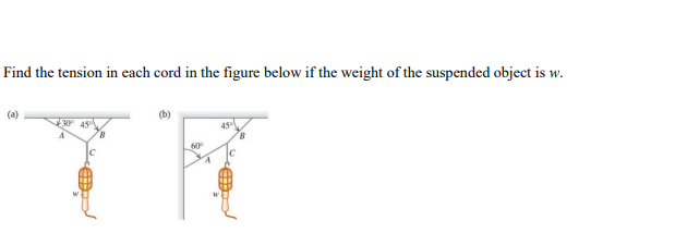 Find the tension in each cord in the figure below if the weight of the suspended object is w.
TR
(b)
30 45
45
60
