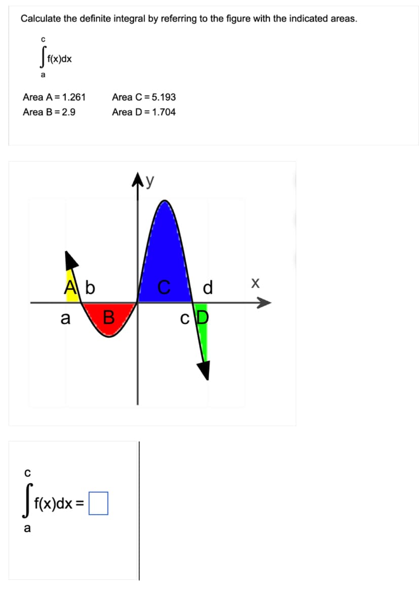 Calculate the definite integral by referring to the figure with the indicated areas.
C
ff(x)dx
a
Area A = 1.261
Area B = 2.9
a
A b
a \ B
C
ff(x)dx=
Area C= 5.193
Area D = 1.704
d
CD
X