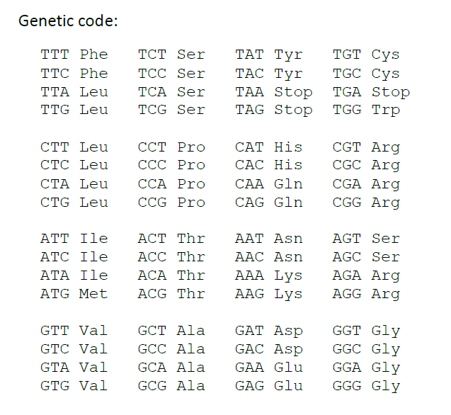 Genetic code:
ТСT Ser
ТСC Ser
ТАT Тyr
ТАС Тyr
TTT Phe
TGT Cys
TTC Phe
TGC Cys
ΤΤΑ Leu
TCA Ser
TAA Stop
TGA Stop
TTG Leu
TCG Ser
TAG Stop
TGG Trp
САТ His
CGT Arg
ССТ Pro
ССС Pro
ССА Pro
CTT Leu
CTC Leu
CAC His
CGC Arg
CTA Leu
CAA Gln
CGA Arg
CTG Leu
CCG Pro
CAG Gln
CGG Arg
АСТ Thr
ААТ Asn
ААC Asn
AAA Lys
AAG Lys
ATT Ile
AGT Ser
АТC Ile
ACC Thr
AGC Ser
ΑΤΑ Ιle
АСА Thr
AGA Arg
ATG Met
ACG Thr
AGG Arg
GAT Asp
GÁC Asp
GGT Gly
GGC Gly
GGA Gly
GGG Gly
GTT Val
GCT Ala
GTC Val
GCC Ala
GTA Val
GCA Ala
GAA Glu
GTG Val
GCG Ala
GAG Glu
