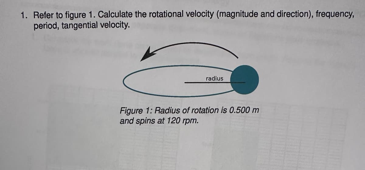 1. Refer to figure 1. Calculate the rotational velocity (magnitude and direction), frequency,
period, tangential velocity.
radius
Figure 1: Radius of rotation is 0.500 m
and spins at 120 rpm.