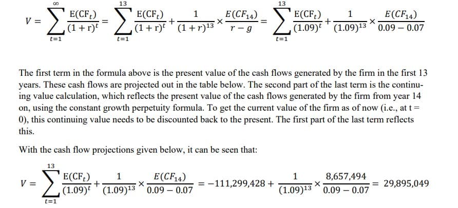 13
13
Σ
Е(CF.)
E(CF;)
+
(1+ r) ' (1+r)13
E(CF;)
1
E (CF 4)
1
E(CF4)
V =
(1+r)t
r- g
(1.09) ' (1.09)13 ^ 0.09 – 0.07
t=1
t=1
t=1
The first term in the formula above is the present value of the cash flows generated by the firm in the first 13
years. These cash flows are projected out in the table below. The second part of the last term is the continu-
ing value calculation, which reflects the present value of the cash flows generated by the firm from year 14
on, using the constant growth perpetuity formula. To get the current value of the firm as of now (i.e., at t=
0), this continuing value needs to be discounted back to the present. The first part of the last term reflects
this.
With the cash flow projections given below, it can be seen that:
13
Е (CF4)
E(CF,)
(1.09) ' (1.09)13 ^0.09 – 0.07
1
1
= -111,299,428 +
8,657,494
V =
29,895,049
(1.09)13 ^0.09 – 0.07
t=1
