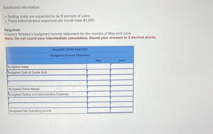 Additional information:
. Selling costs are expected to be 9 percent of sales.
• Fixed administrative expenses per month total $1,300.
Required:
Prepare Shadee's budgeted income statement for the months of May and June.
Note: Do not round your intermediate calculations. Round your answers to 2 decimal places.
Budgeted Sales
Budgeted Cost of Goods Sold
SHADEE CORPORATION
Budgeted Income Statement
Budgeted Gross Margin
Budgeted Selling and Administrative Expenses
Budgeted Net Operating Income
May
June